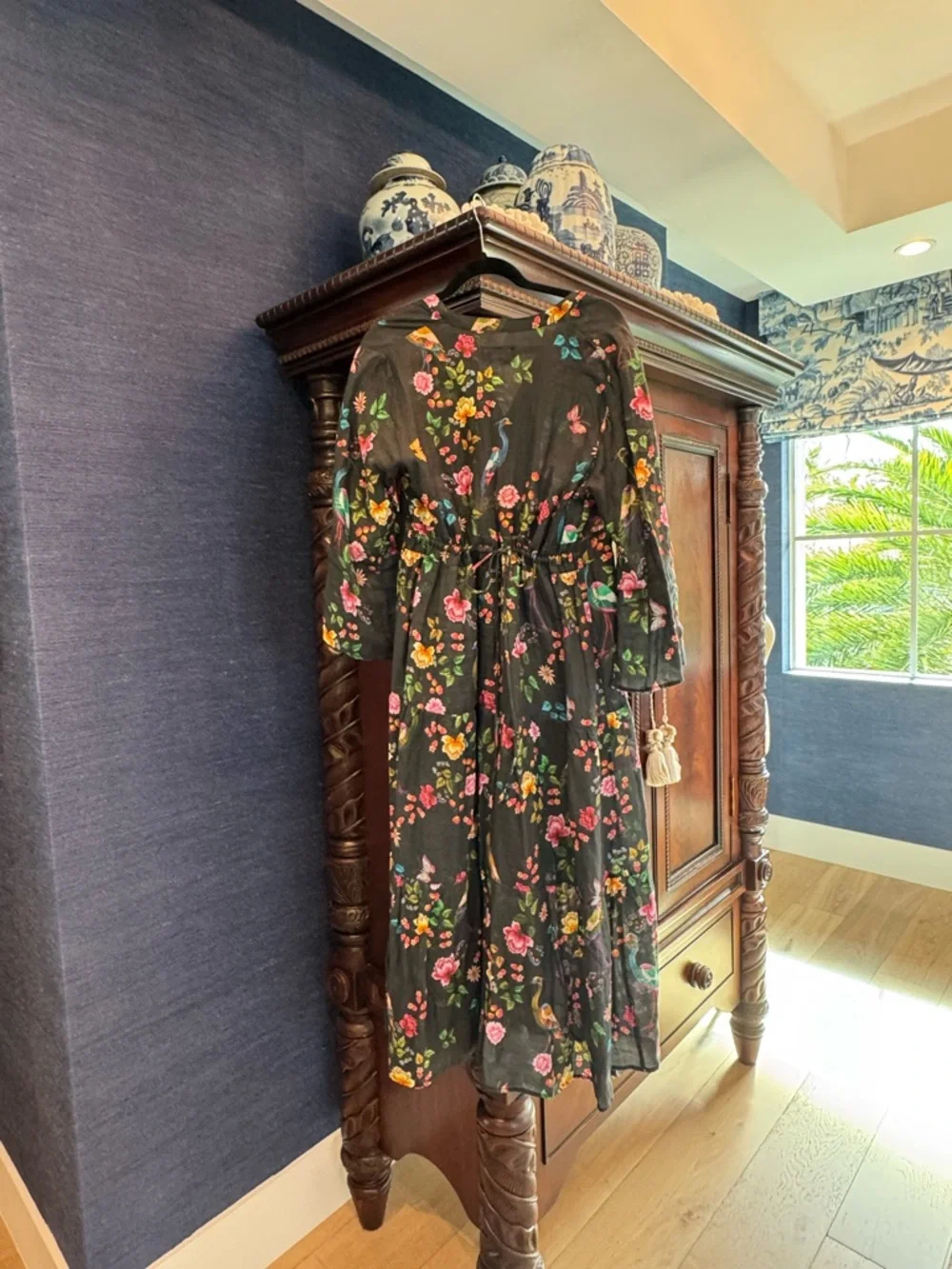 Johnny Was Black Floral & Bird Print Long Sleeve Midi Dress w drawstring waist - Picture 3 of 3